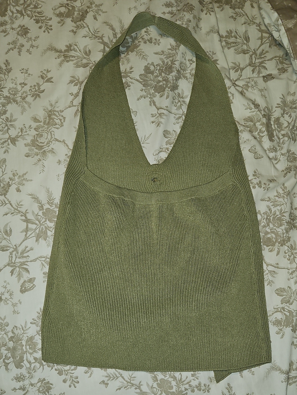 Olive Green Ribbed Halter V-Neck Tank with Flower Accent - Picture 4 of 5